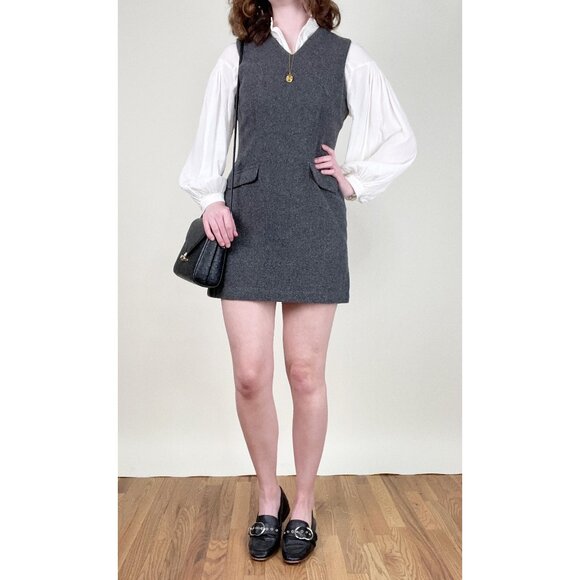 Vintage Wool Pinafore Mini Dress Preppy Dark Light Academia Fall Winter 90s Y2K - Picture 10 of 10